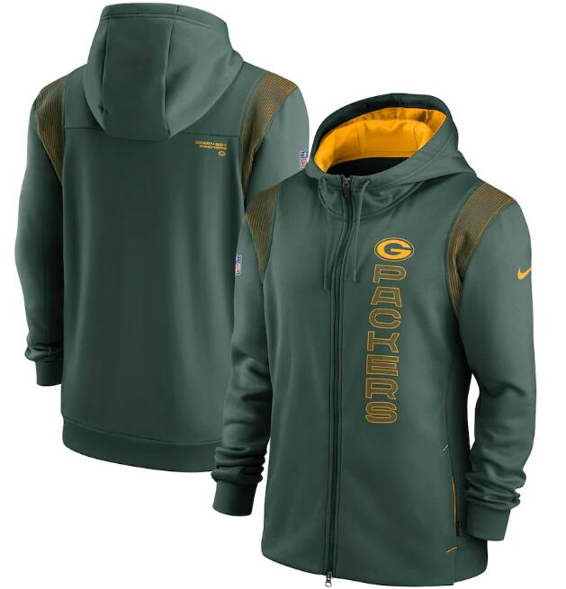 Men's Green Bay Packers 2021 Green Sideline Team Performance Full-Zip Hoodie Men's Green Bay Packers 2021 Green Sideline Team Performance Full-Zip Hoodie